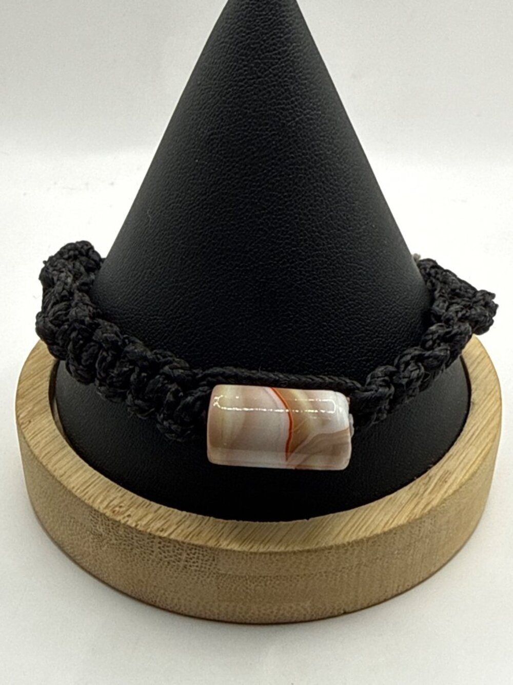 Boho Black Macrame Banded Faux Agate Barrel Bead Bracelet